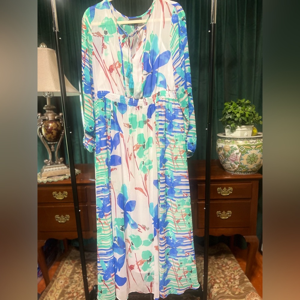 Floral Maxi Dress with Blue and Green Patterns
